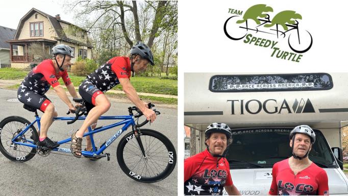 photos of Dave Wilkinson and his captain Jim Trout on and off their tandem bicycle with the logo for Team Speedy Turtle with a graphic of two green turtles riding a tandem bicycle